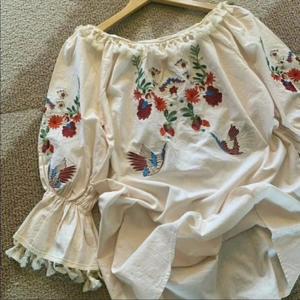 BOHO floral tassel trim dress size S off the shoulder NWOT spring festival - Picture 4 of 7